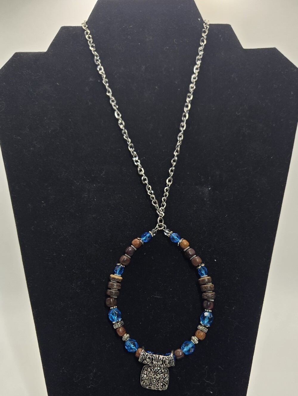 Handcrafted Artisan Necklace Feat Blue Glass Beads Wooden Bead Metal Pendant